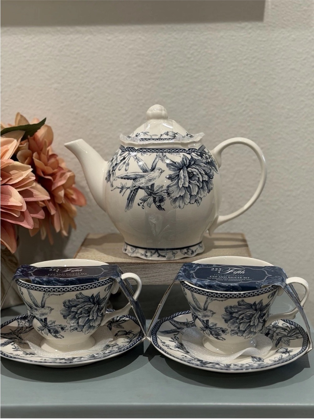 222 Fifth Adelaide Blue Floral Bird
Porcelain Tea Pot 7" & 2 Cup & Saucers
Set